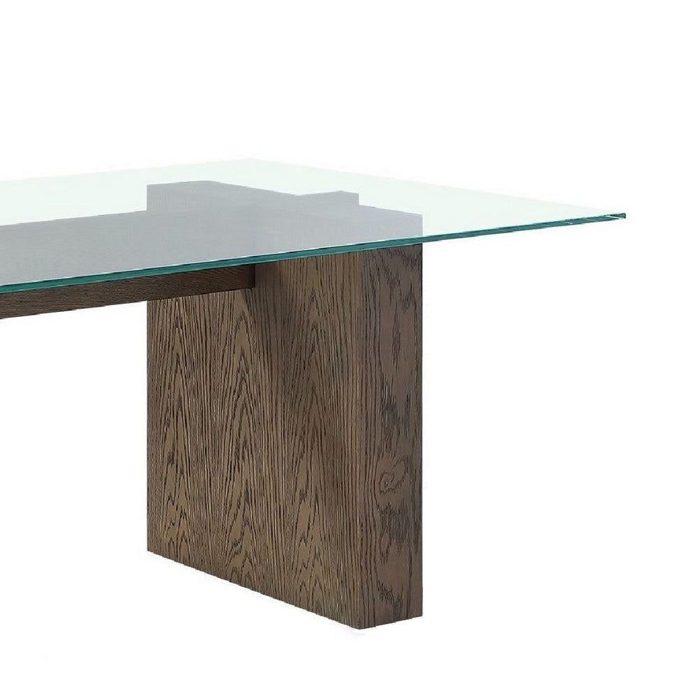 Lan 80 Inch Dining Table Glass Top Wood Double Pedestal 6 Seater Brown BM274142