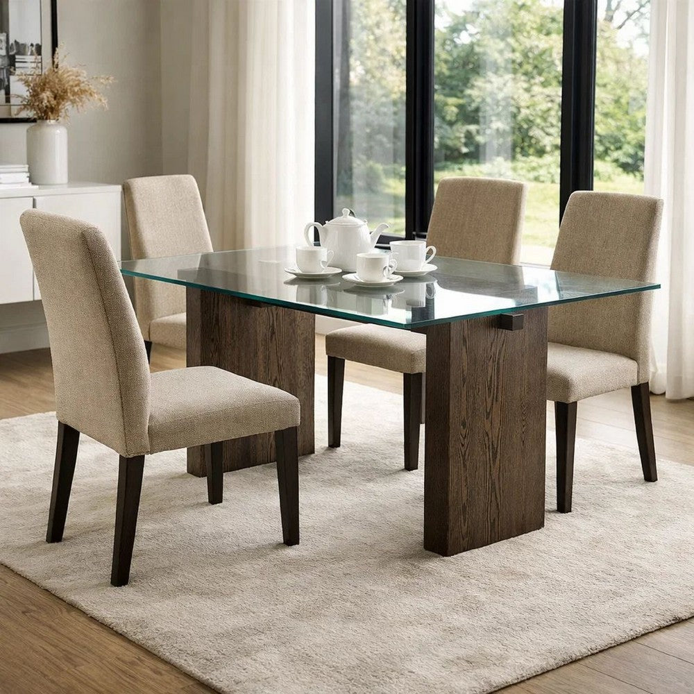 Lan 80 Inch Dining Table, Glass Top, Wood Double Pedestal, 6 Seater, Brown