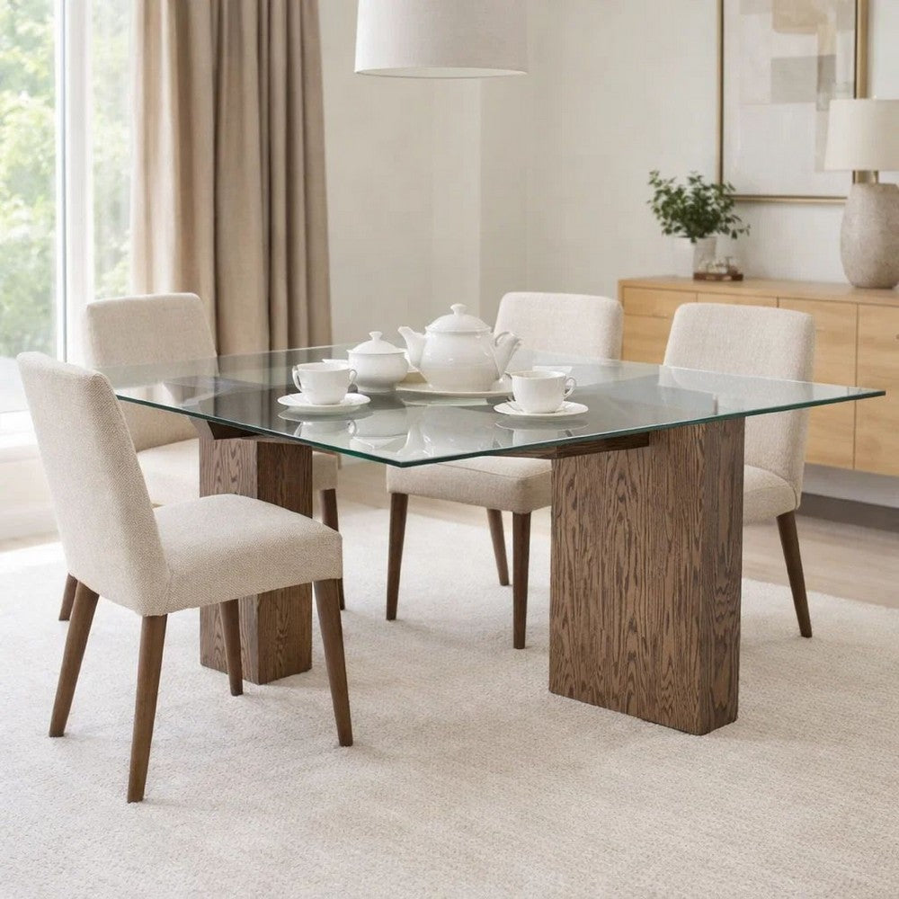 Lan 80 Inch Dining Table, Glass Top, Wood Double Pedestal, 6 Seater, Brown