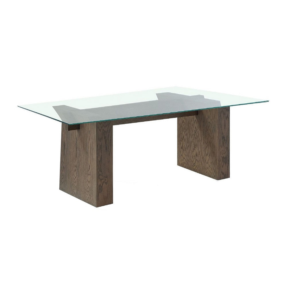 Lan 80 Inch Dining Table, Glass Top, Wood Double Pedestal, 6 Seater, Brown