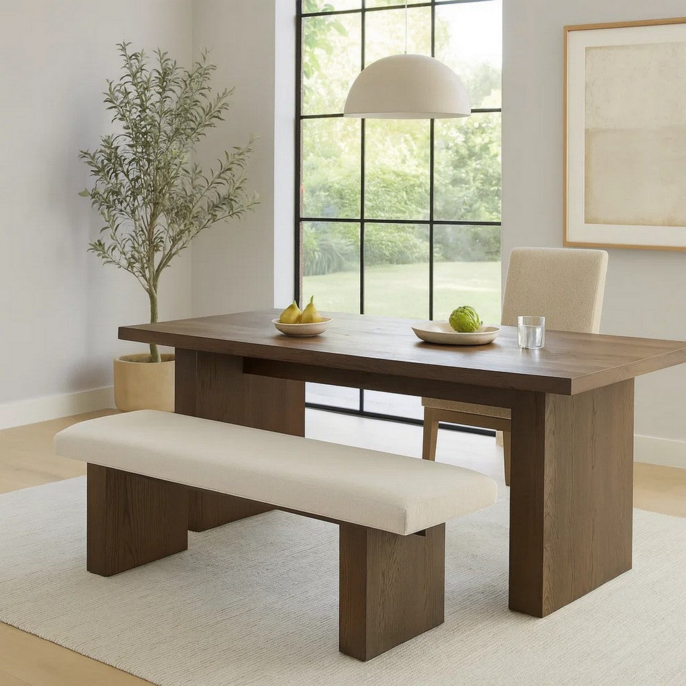 Lan 60 Inch Dining Bench, Upholstered, Panel Pedestal Base, Brown