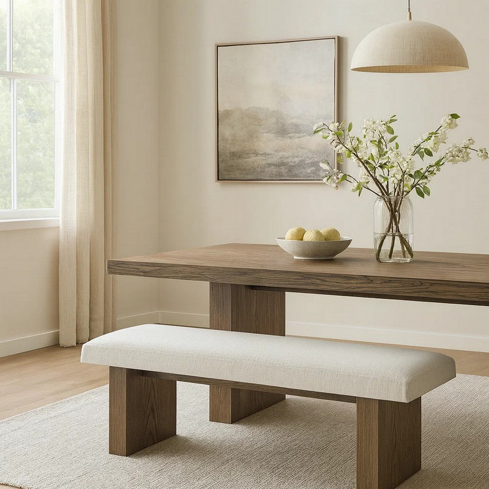 Lan 60 Inch Dining Bench, Upholstered, Panel Pedestal Base, Brown