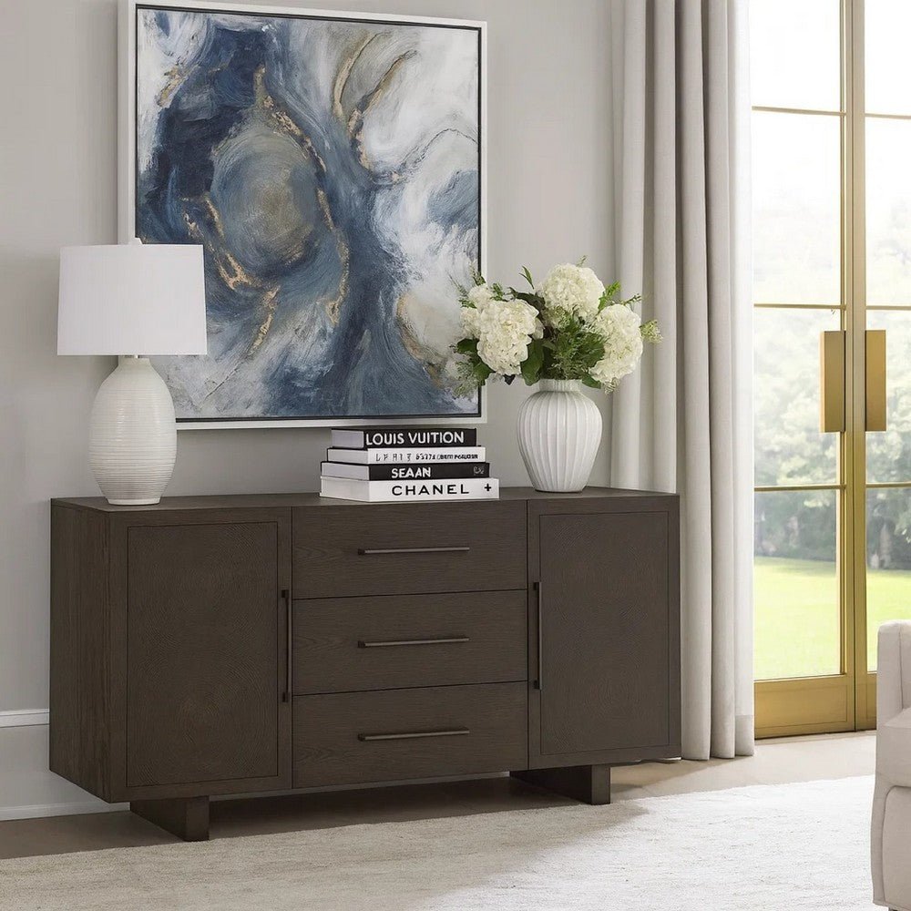 Lan 65 Inch Rubberwood Sideboard Buffet Cabinet, 3 Drawers, Rustic Brown