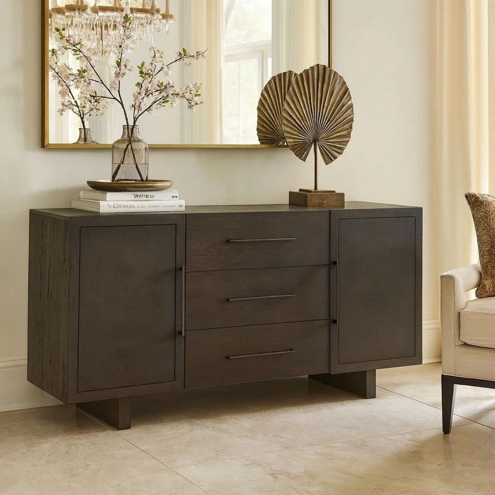 Lan 65 Inch Rubberwood Sideboard Buffet Cabinet, 3 Drawers, Rustic Brown