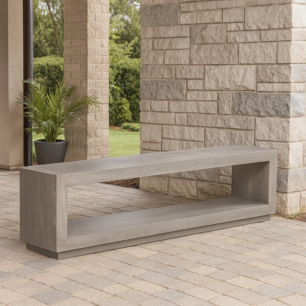 Jose 60 Inch Acacia Wood Bench, Open Floating Plinth Base, Weathered Gray