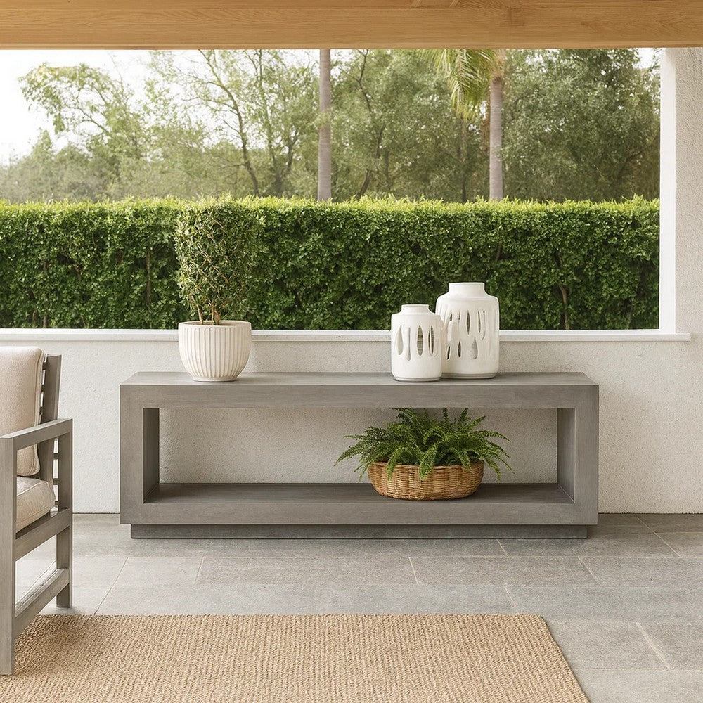 Jose 60 Inch Acacia Wood Bench, Open Floating Plinth Base, Weathered Gray