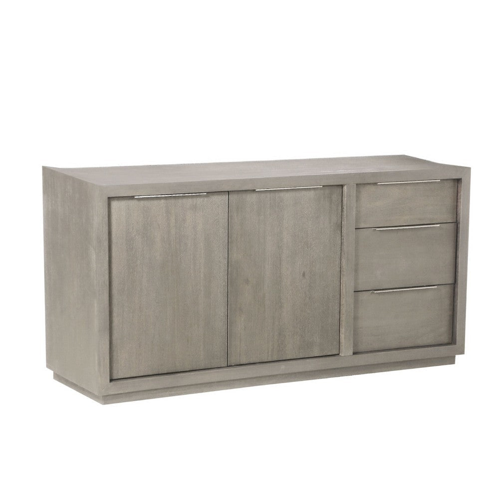Jose 66 Inch Acacia Sideboard Buffet Cabinet, Plinth Base, Weathered Gray