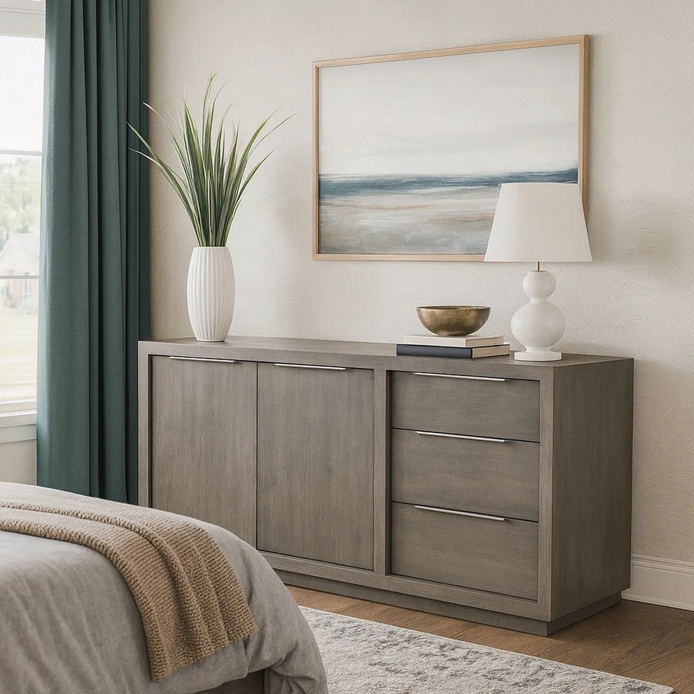 Jose 66 Inch Acacia Sideboard Buffet Cabinet, Plinth Base, Weathered Gray