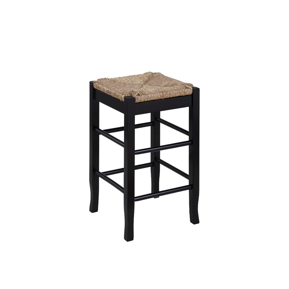 Chris 24 Inch Counter Stool with Wood Frame, Handwoven Rush Seat, Black