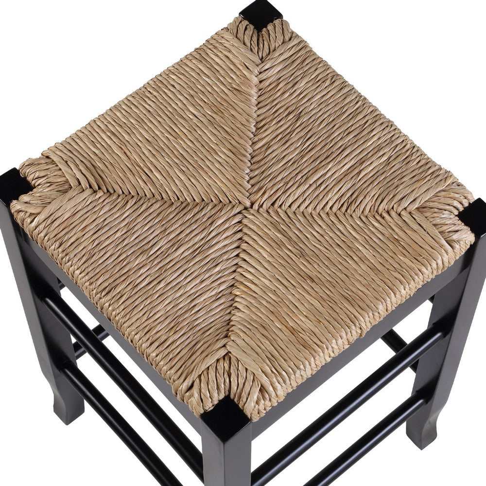 Chris 24 Inch Counter Stool with Wood Frame, Handwoven Rush Seat, Black
