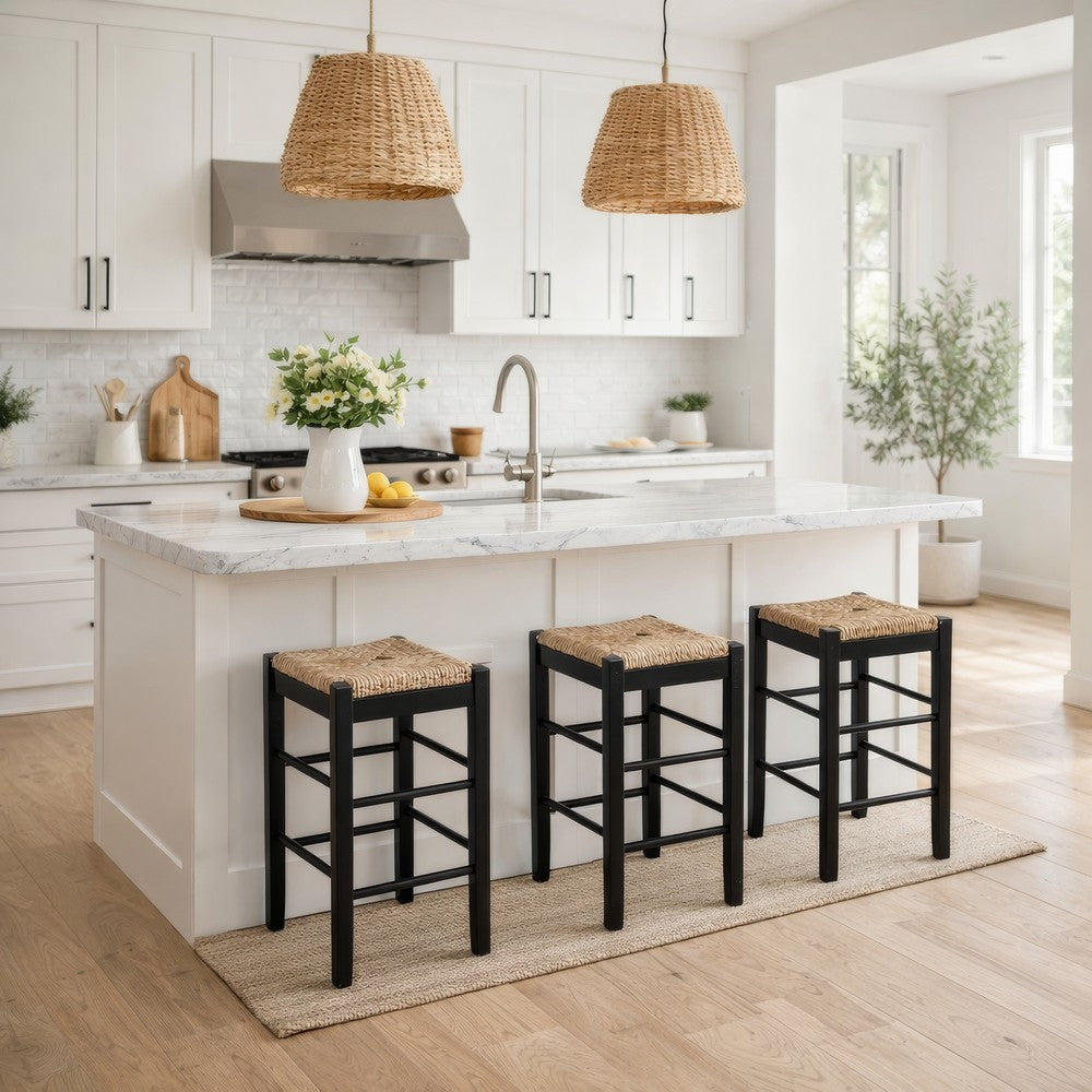 Chris 24 Inch Counter Stool with Wood Frame, Handwoven Rush Seat, Black