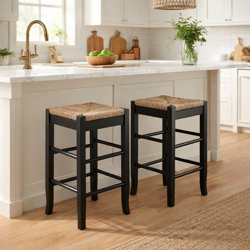 Chris 24 Inch Counter Stool with Wood Frame, Handwoven Rush Seat, Black