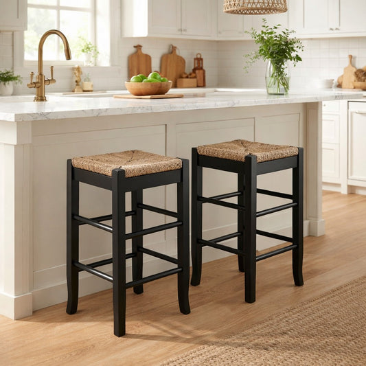 Chris 24 Inch Counter Stool with Wood Frame, Handwoven Rush Seat, Black