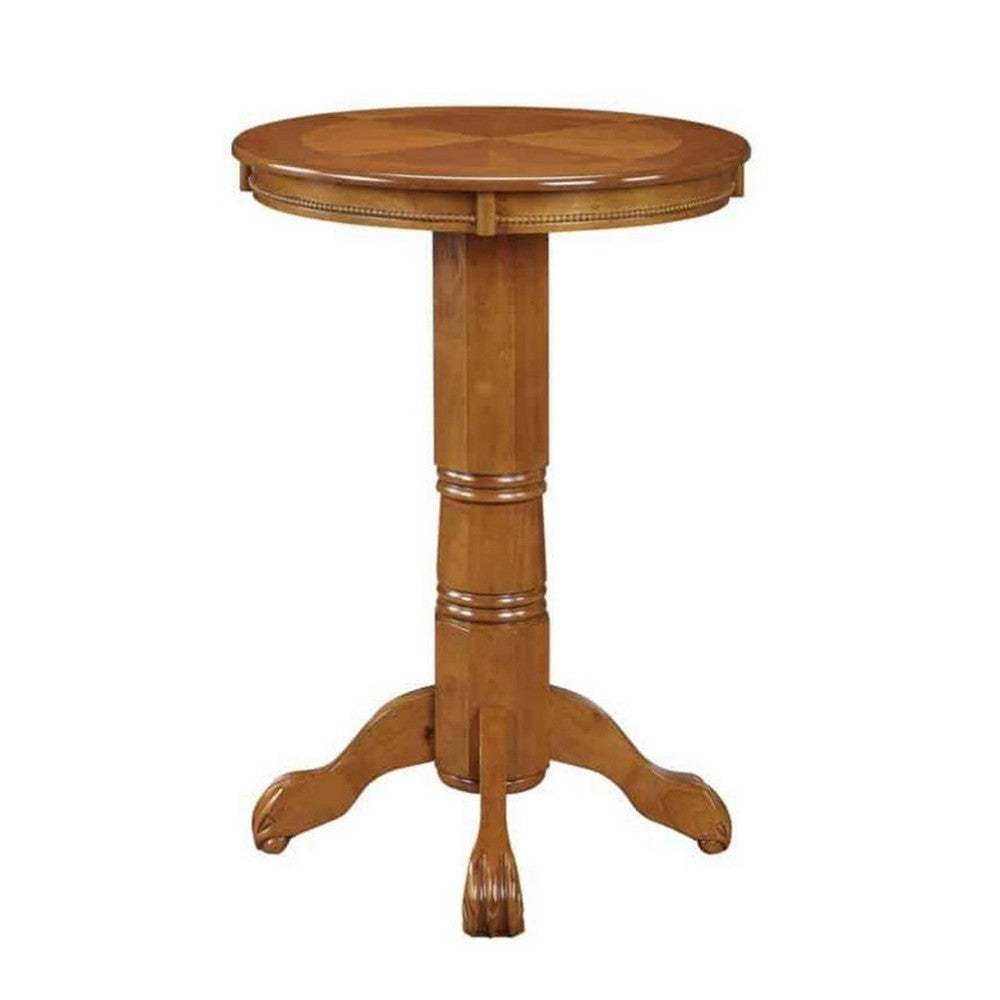 Ava 42 Inch Wood Pub Bar Table Sunburst Design Carved Pedestal Light Natural Cherry BM274270