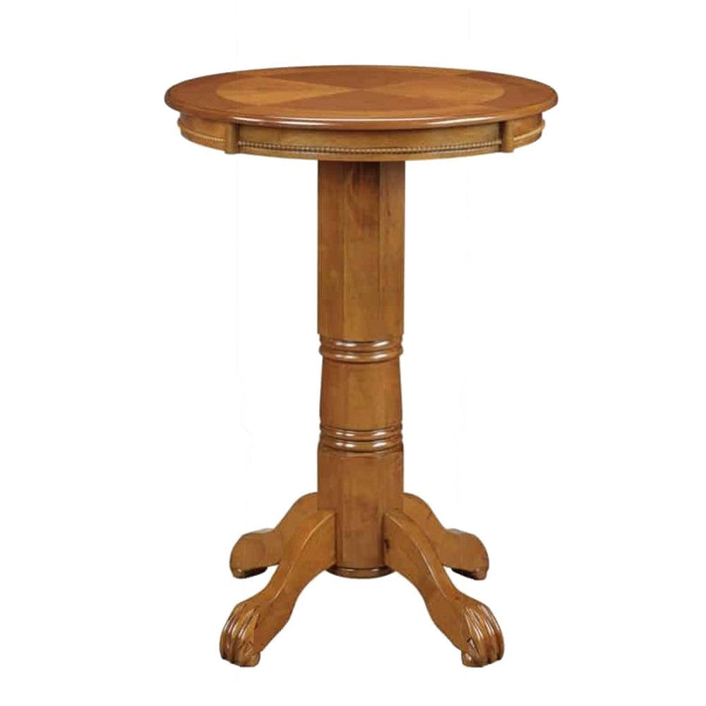 Ava 42 Inch Wood Pub Bar Table Sunburst Design Carved Pedestal Light Natural Cherry BM274270