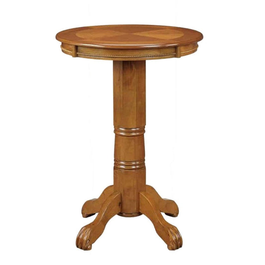 Ava 42 Inch Wood Pub Bar Table, Sunburst Design, Carved Pedestal, Light Natural Cherry