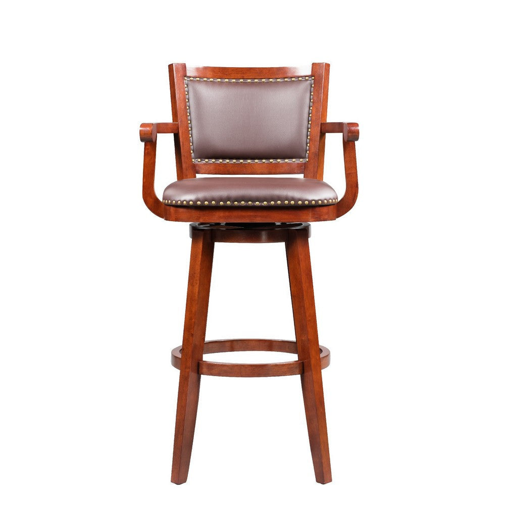 Hugo 34 Inch Swivel Barstool Wood Open Rolled Arms Bonded Leather Brown By Casagear Home BM274302