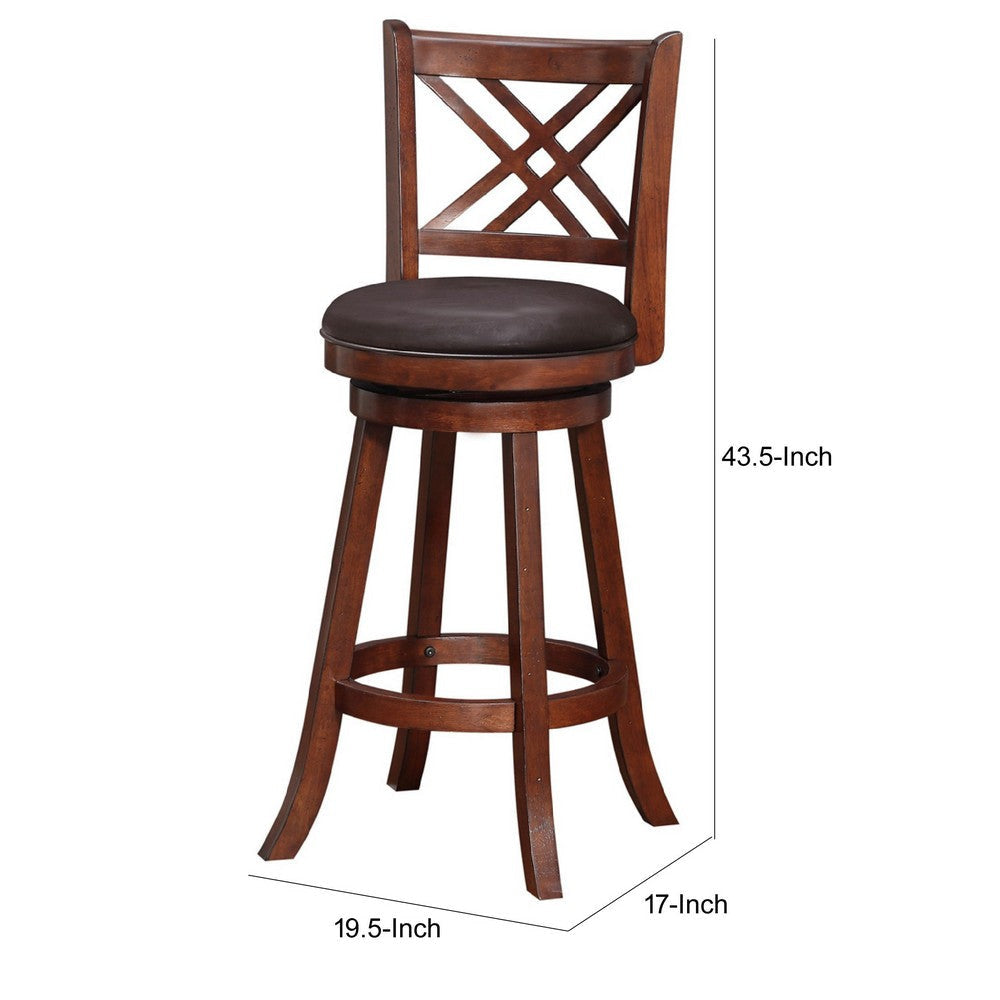 29 Inch Swivel Barstool Double Cross Back Wood Faux Leather Dark Brown By Casagear Home BM274309