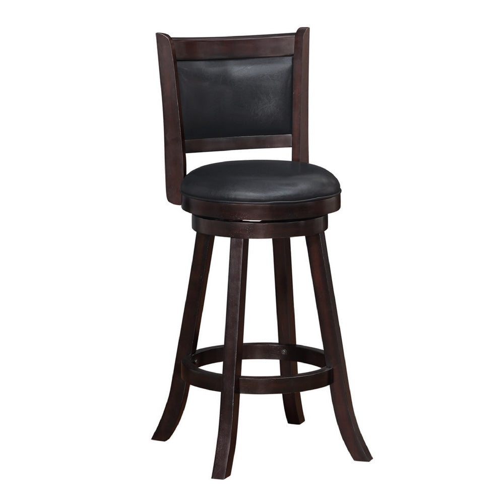 Eva 29 Inch Swivel Barstool, Flared Wood Legs, Faux Leather, Espresso Brown By Casagear Home