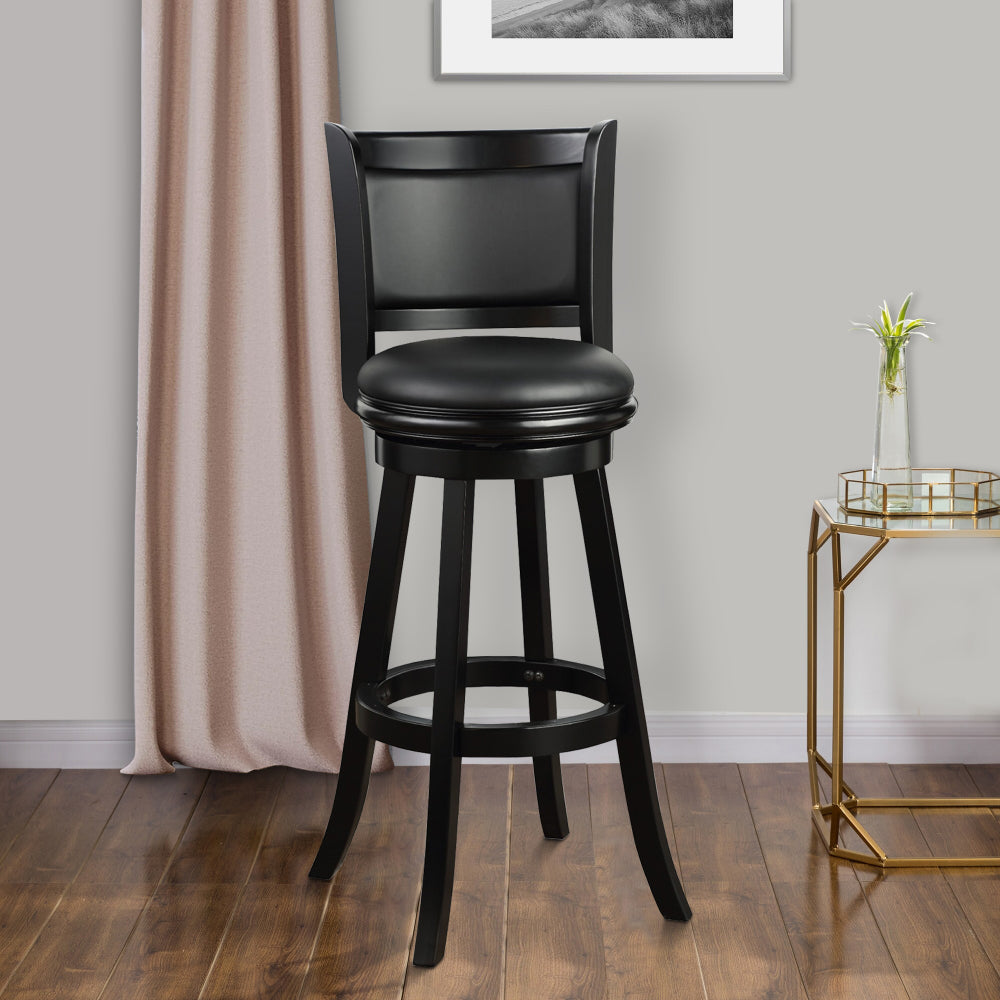 Pio 34 Inch Extra Tall Swivel Bar Stool, Solid Wood, Faux Leather, Black By Casagear Home