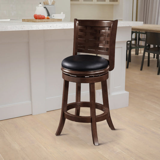 Kim 24 Inch Counter Stool, Solid Wood, Bonded Leather, Espresso, Black By Casagear Home
