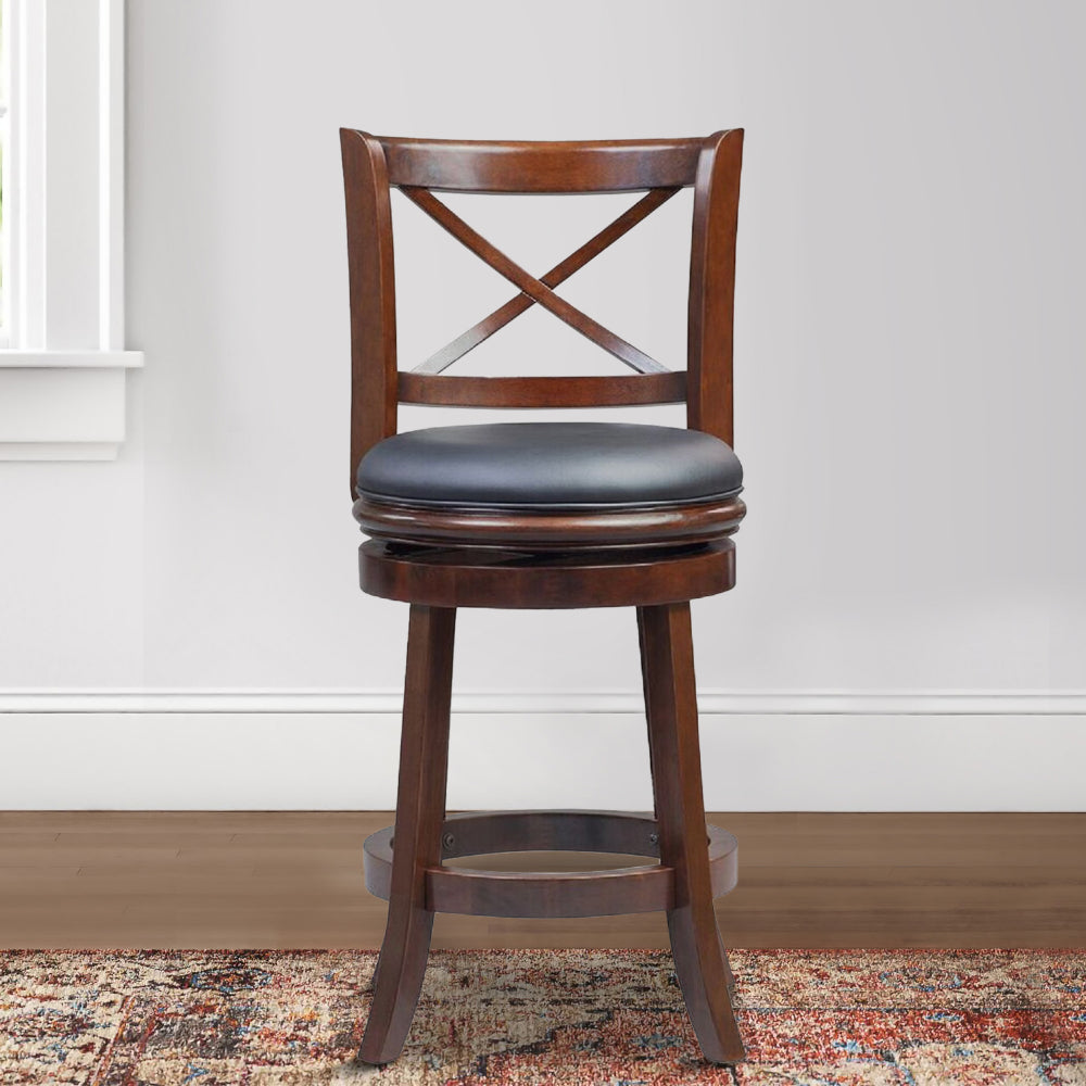 Gia 24 Inch Swivel Counter Stool Solid Wood Rich Faux Leather Brown By Casagear Home BM274339