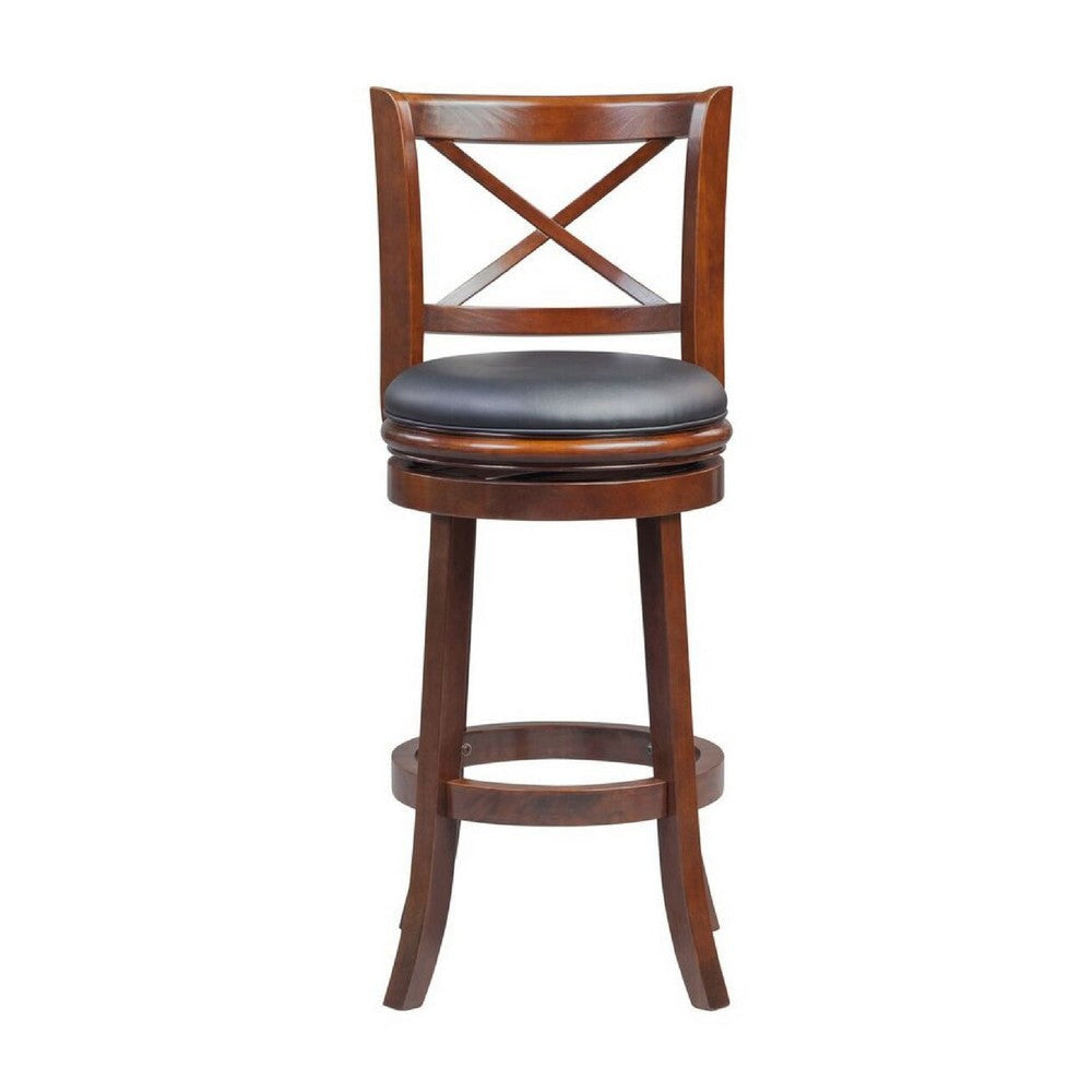 Gia 29 Inch Swivel Bar Stool Solid Wood Rich Vegan Faux Leather Brown By Casagear Home BM274340