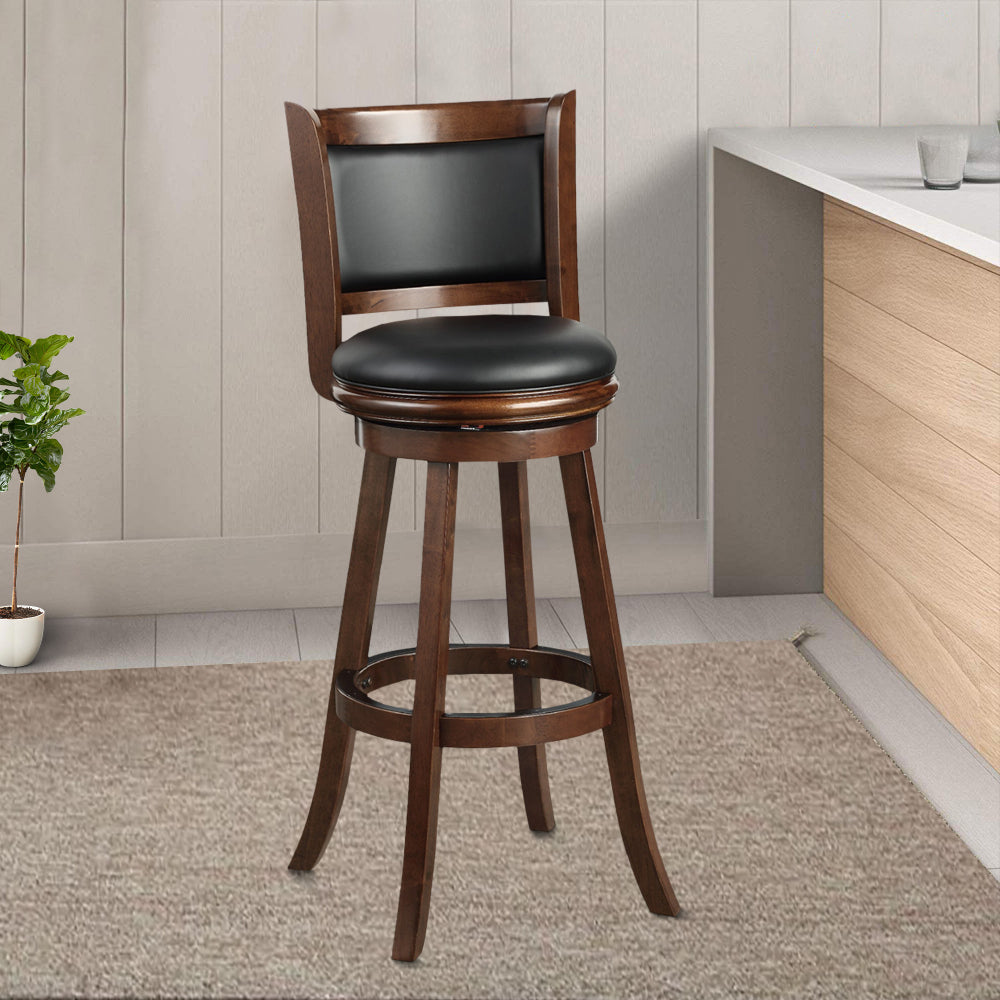Pio 34 Inch Extra Tall Swivel Bar Stool, Wood, Faux Leather, Espresso Brown By Casagear Home