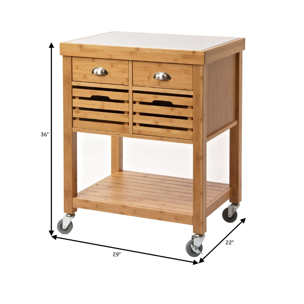 36 Inch Bamboo Kitchen Cart Island 2 Drawers Stainless Steel Top Brown By Casagear Home BM274344