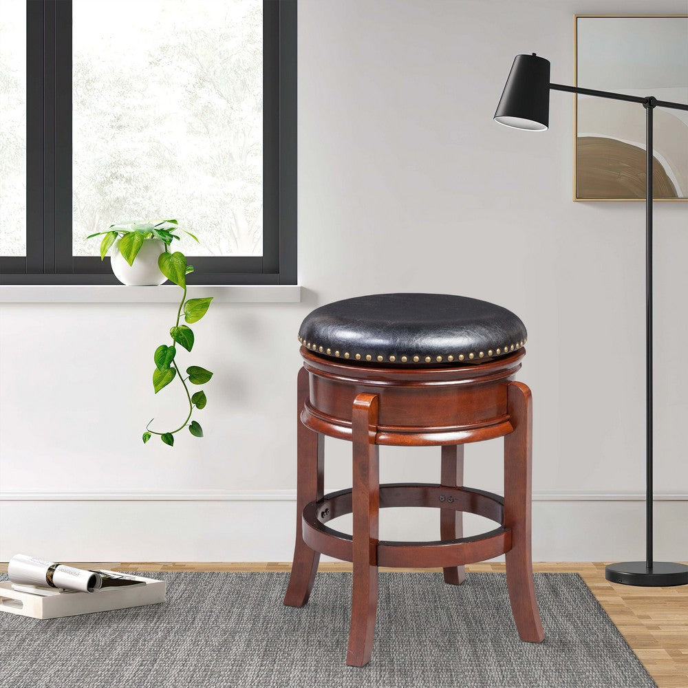Sabi 24 inch Swivel Counter Stool, Solid Wood, Faux Leather, Brown, Black