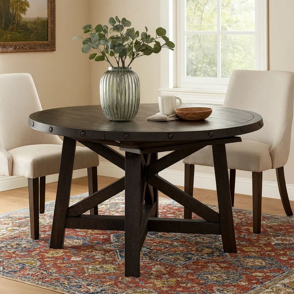 Liu 54 - 72 Inch Round Dining Table, Acacia Wood, Extendable, Dark Brown