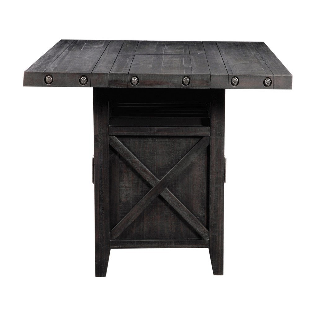 Liu 58 Inch Counter Height Table, Acacia, 2 Cabinets, Exposed Bolts, Brown