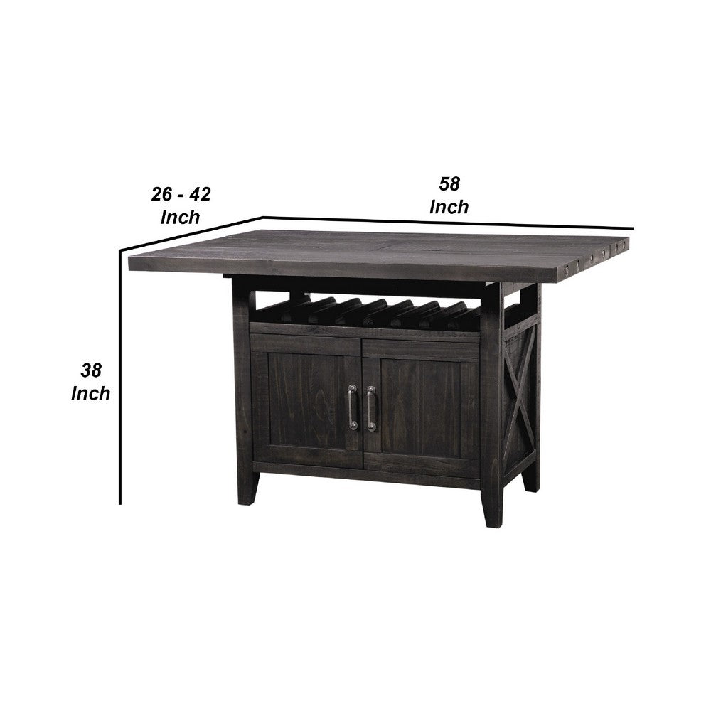 Liu 58 Inch Counter Height Table, Acacia, 2 Cabinets, Exposed Bolts, Brown