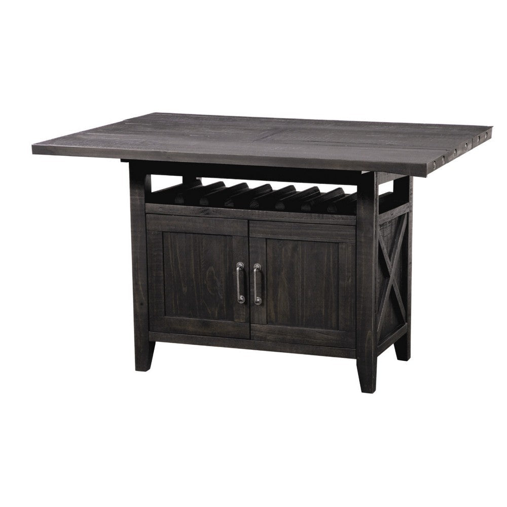 Liu 58 Inch Counter Height Table, Acacia, 2 Cabinets, Exposed Bolts, Brown