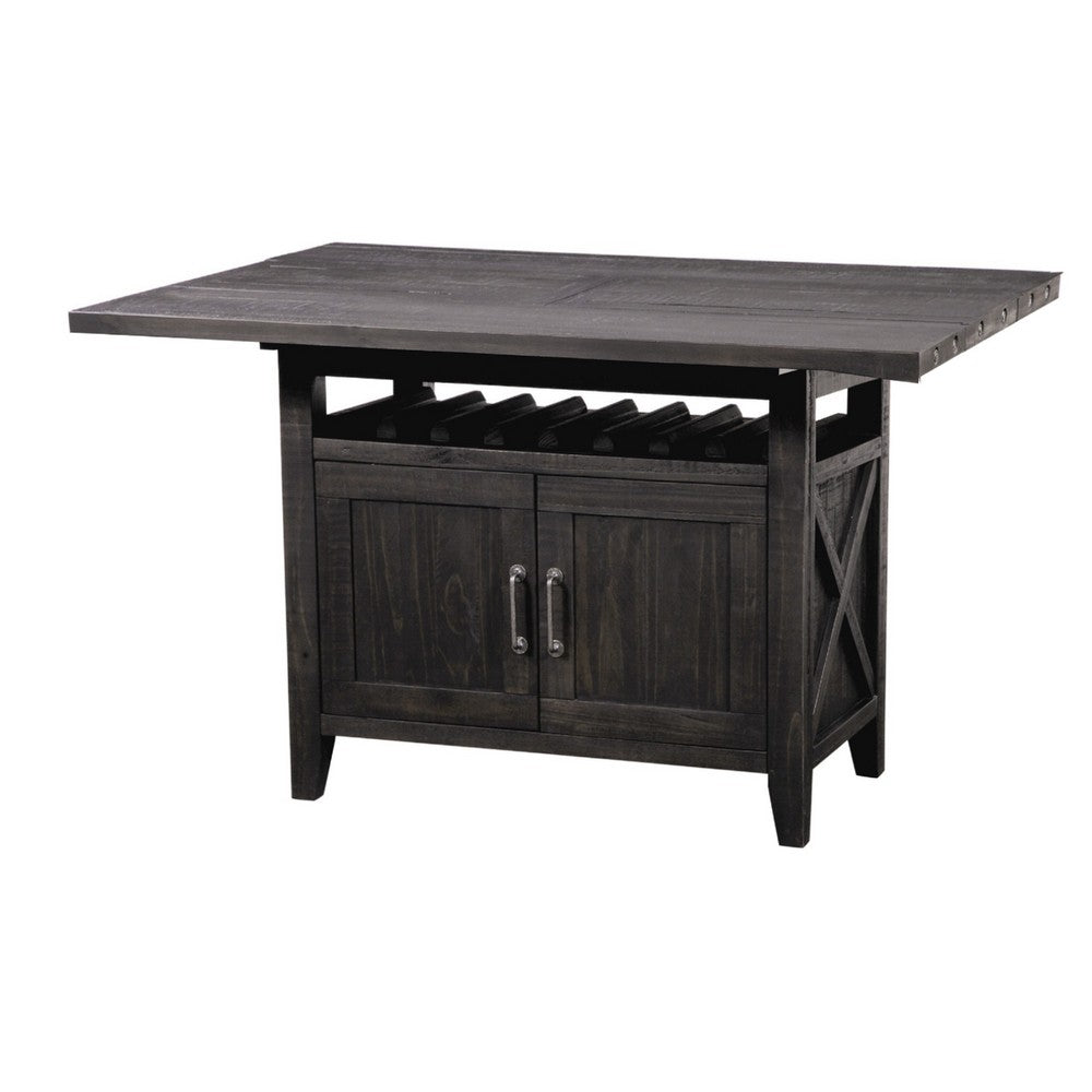 Liu 58 Inch Counter Height Table, Acacia, 2 Cabinets, Exposed Bolts, Brown