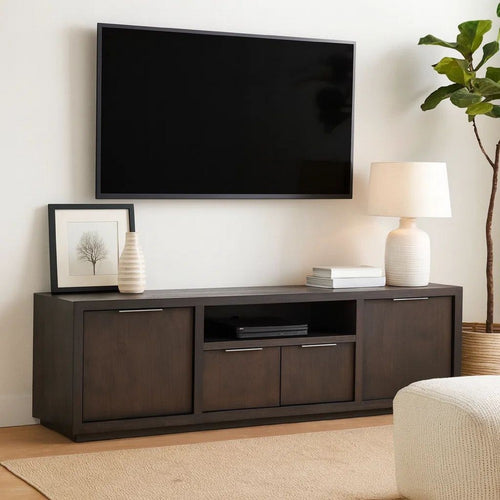 Jose 84 Inch Acacia Wood TV Entertainment Center Console, 4 Cabinets, Gray