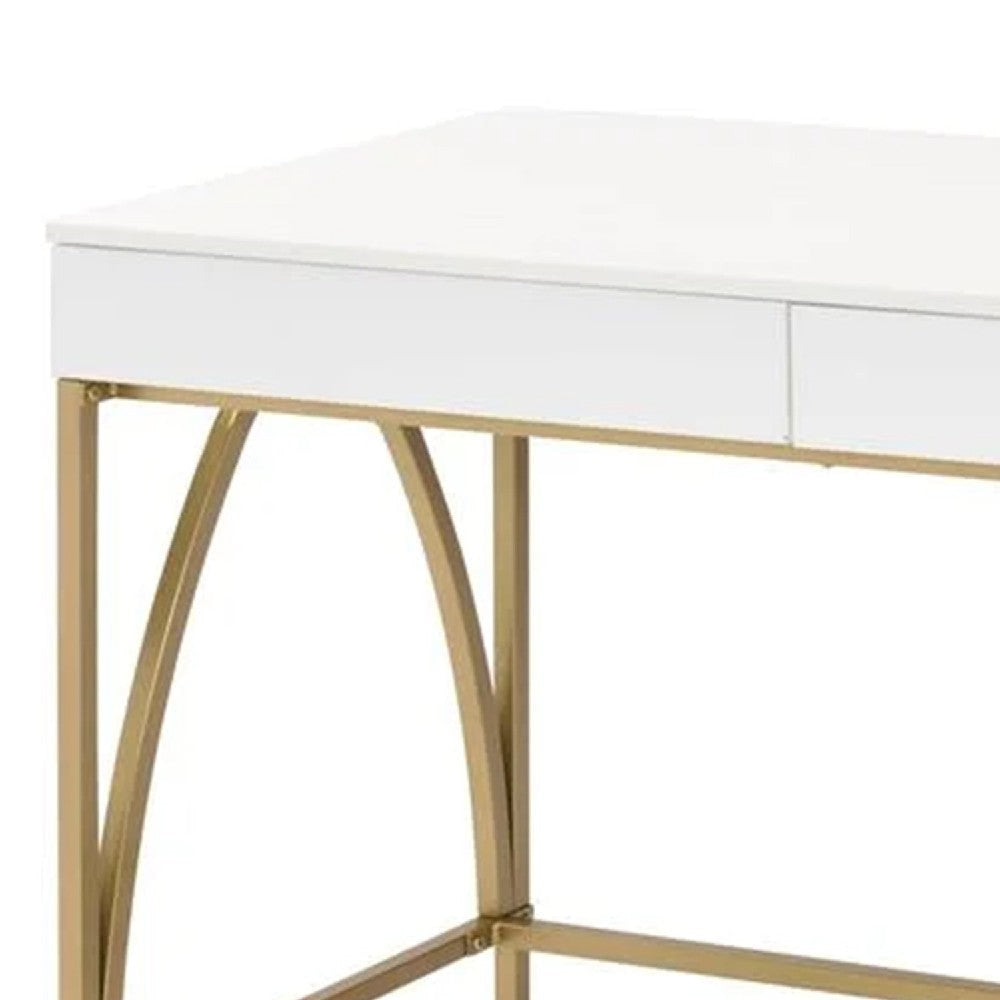 50 Inch Desk Console Table 2 Drawers Metal Inverted U Frame White Gold BM274609