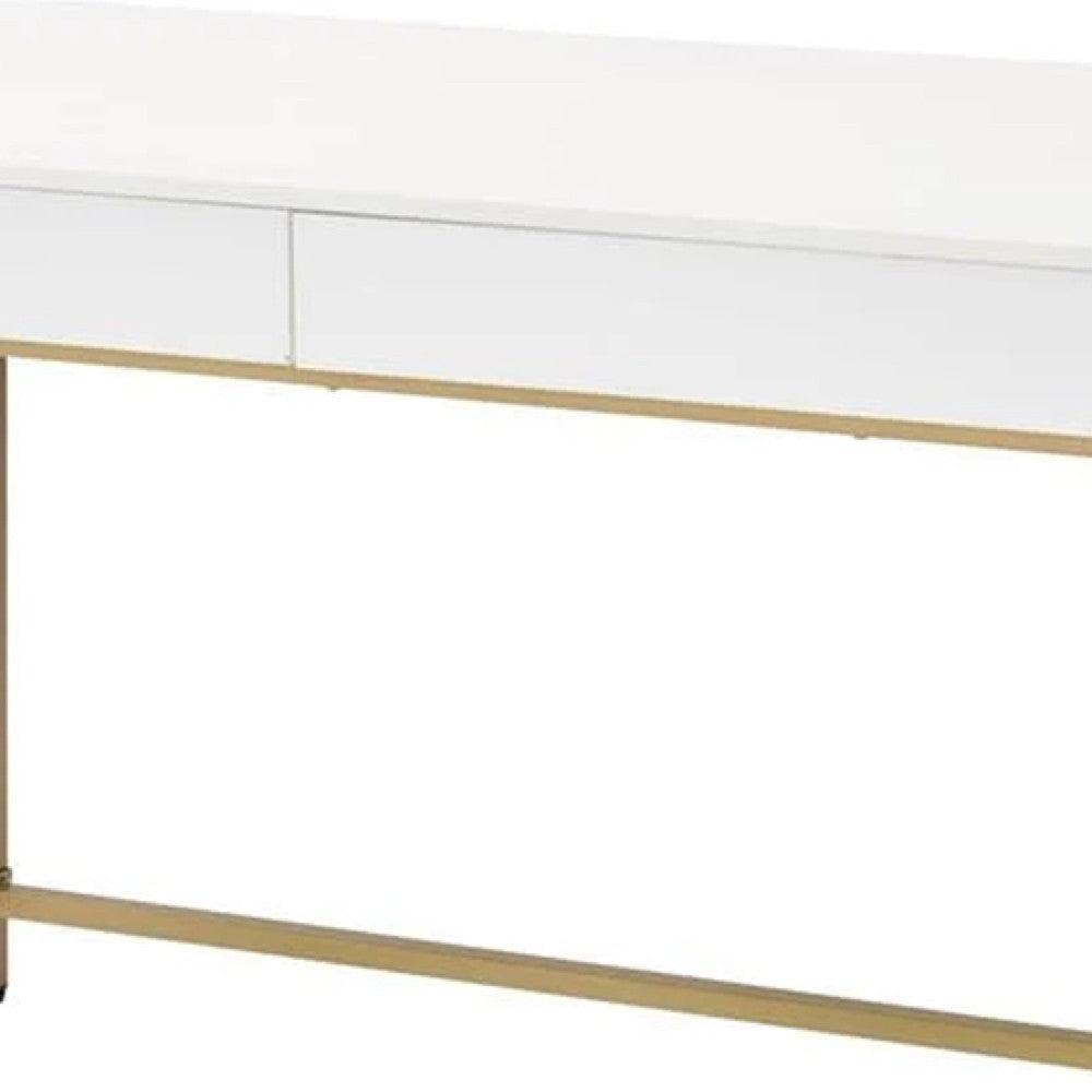 50 Inch Desk Console Table 2 Drawers Metal Inverted U Frame White Gold BM274609