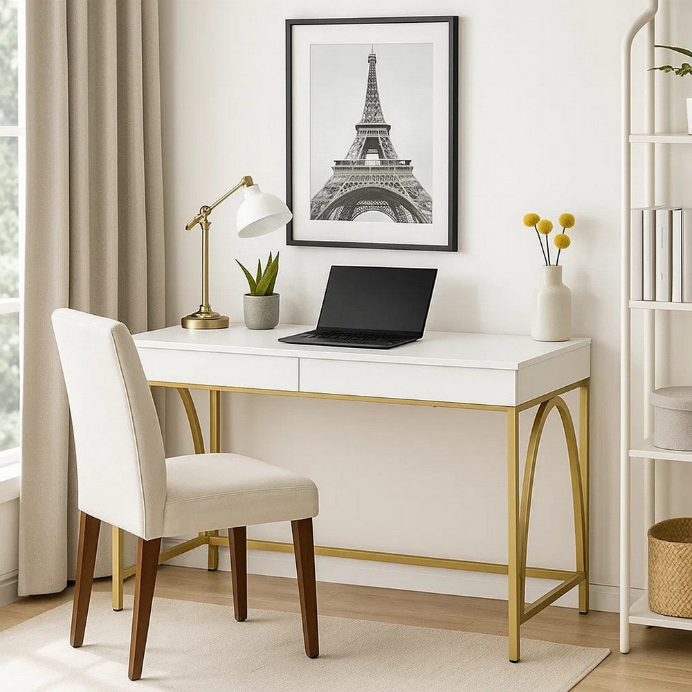 50 Inch Desk Console Table, 2 Drawers, Metal Inverted U Frame, White, Gold