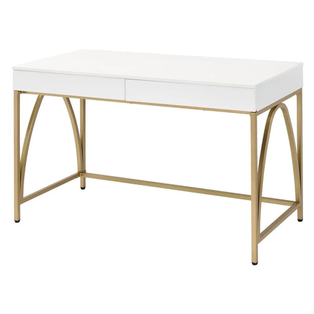 50 Inch Desk Console Table, 2 Drawers, Metal Inverted U Frame, White, Gold