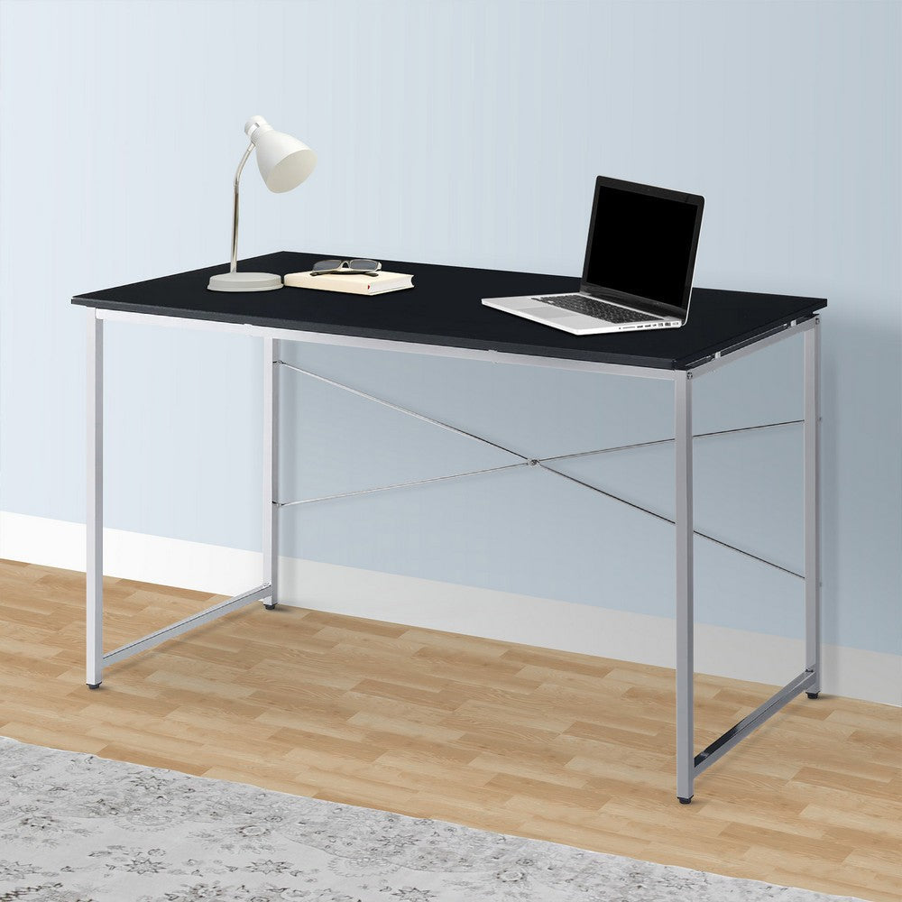 Mayo 47 Inch Rectangular Desk Console Table, Crossed Bars, Black, Chrome
