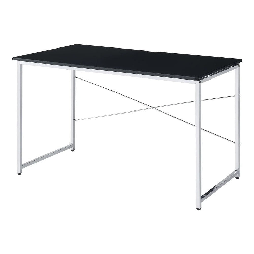 Mayo 47 Inch Rectangular Desk Console Table, Crossed Bars, Black, Chrome