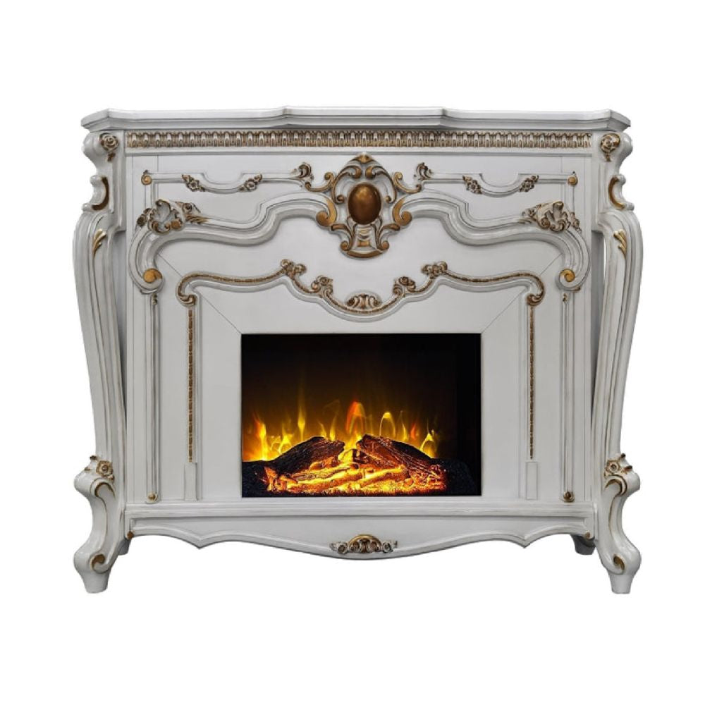 Ples 59 Inch Electric Fireplace Carved Scrolled Legs Antique White BM274621