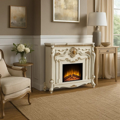 Ples 59 Inch Electric Fireplace, Carved Scrolled Legs, Antique White