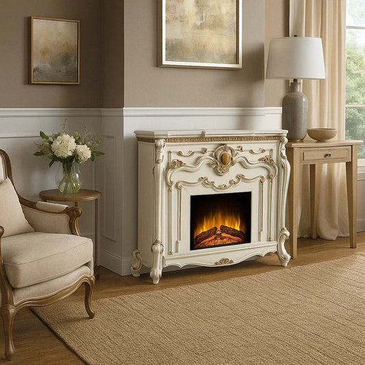 Ples 59 Inch Electric Fireplace, Carved Scrolled Legs, Antique White