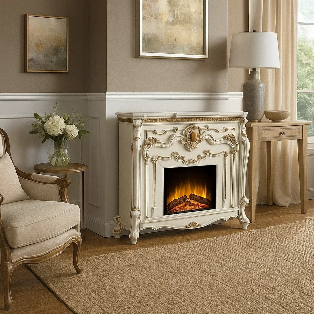 Ples 59 Inch Electric Fireplace, Carved Scrolled Legs, Antique White
