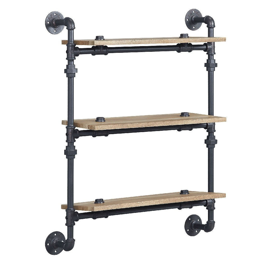 Vida 35 Inch Wall Mount Rack, 3 Tier, Industrial Pipe Frame, Brown, Black