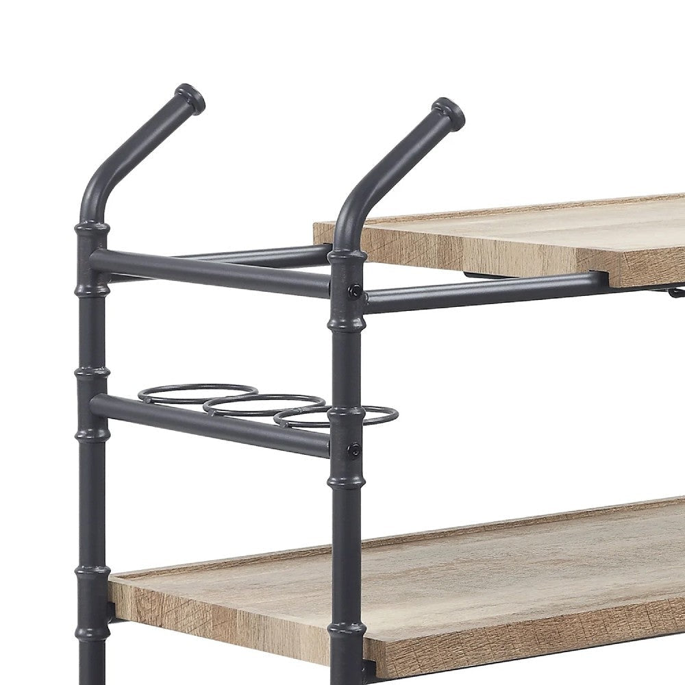 Vida 38 Inch Serving Bar Cart Pipe Frame Locking Casters Brown Black BM274646