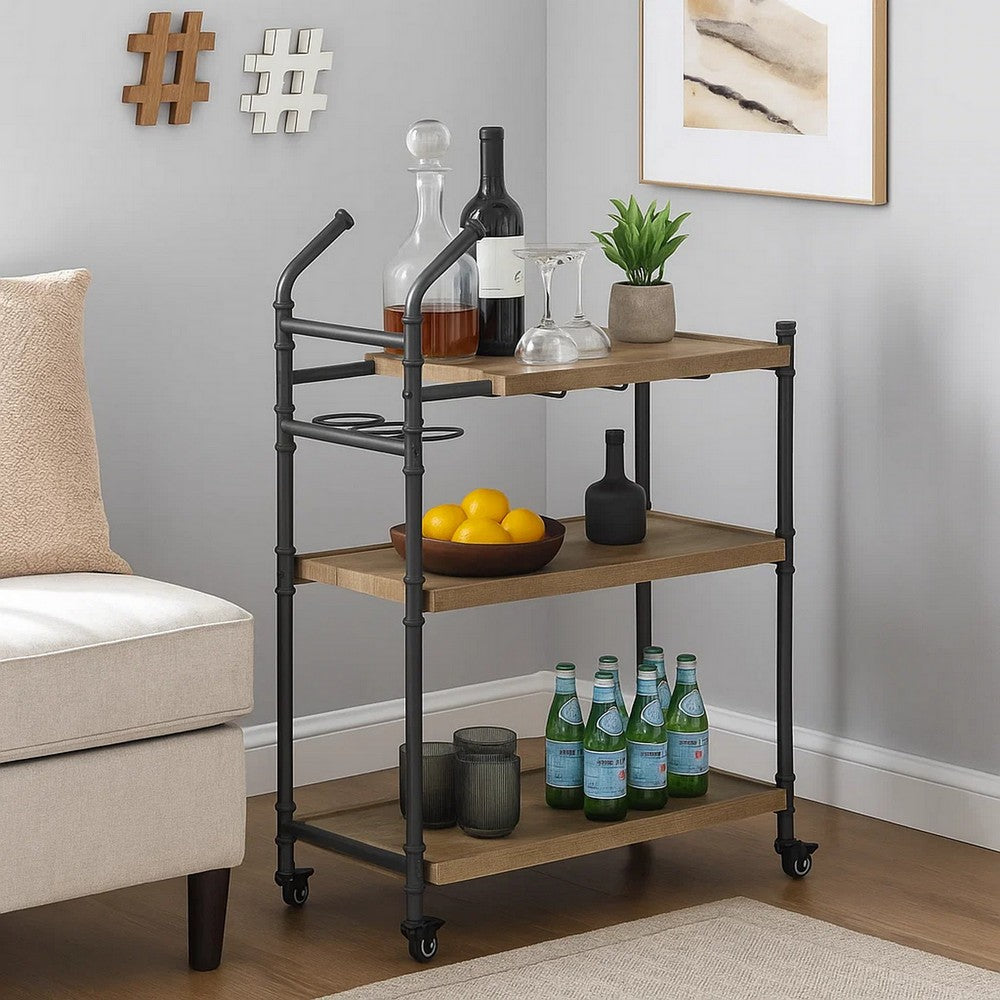 Vida 38 Inch Serving Bar Cart, Pipe Frame, Locking Casters, Brown, Black