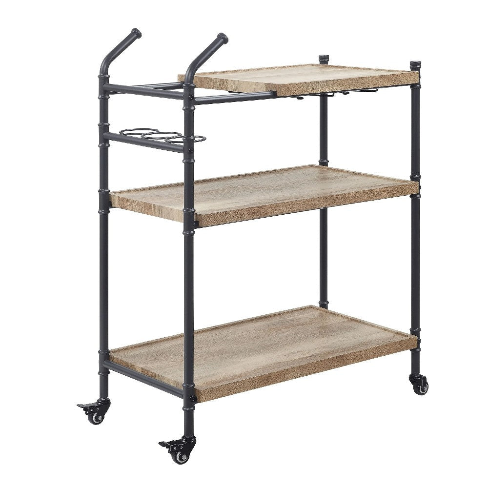 Vida 38 Inch Serving Bar Cart, Pipe Frame, Locking Casters, Brown, Black